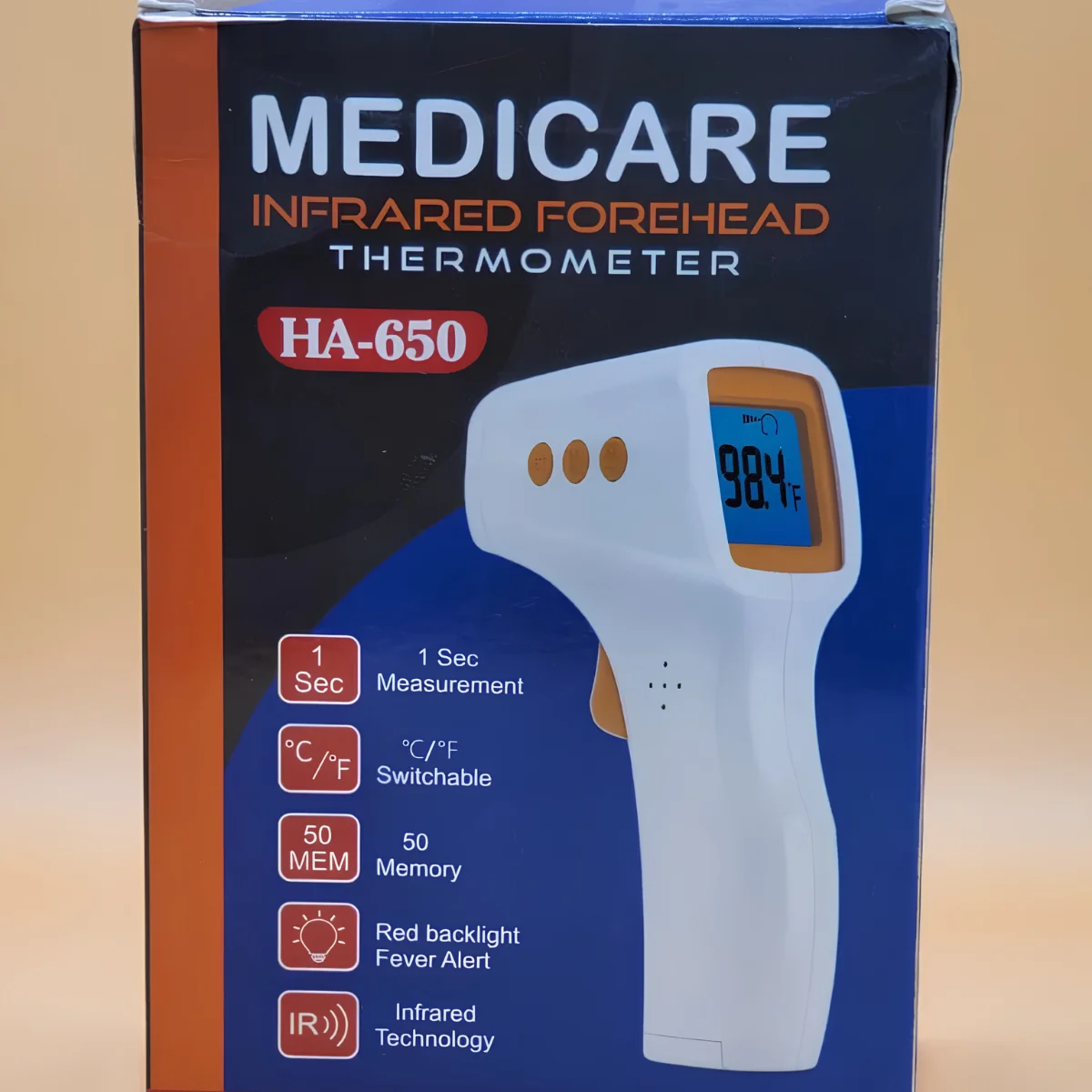 Medicare HA-650 Non-Contact Infrared Forehead Thermometer | Digital Fever Temperature Gun with Color LCD Display